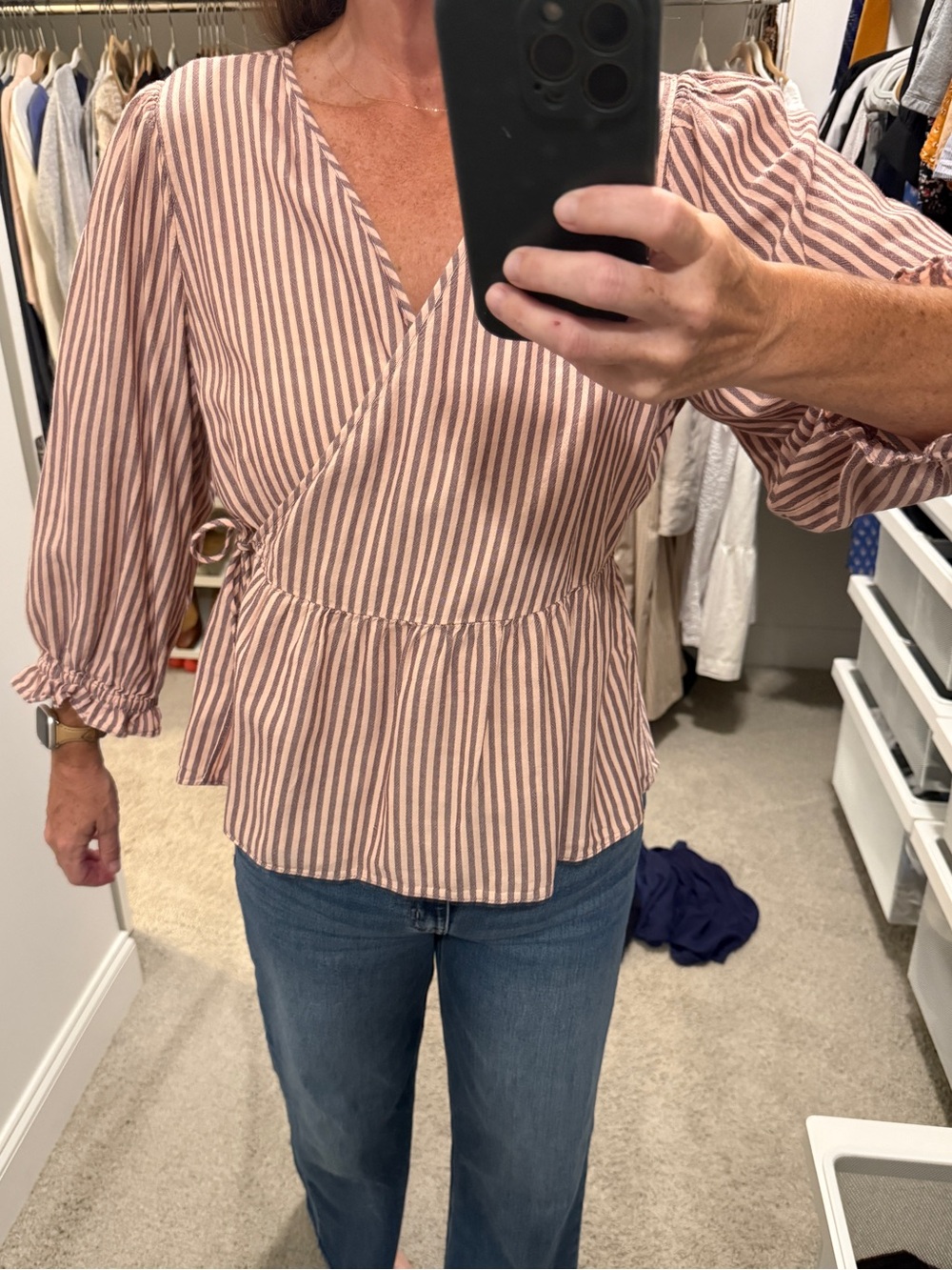 Madewell Striped Pink Wrap Peplum Blouse XL